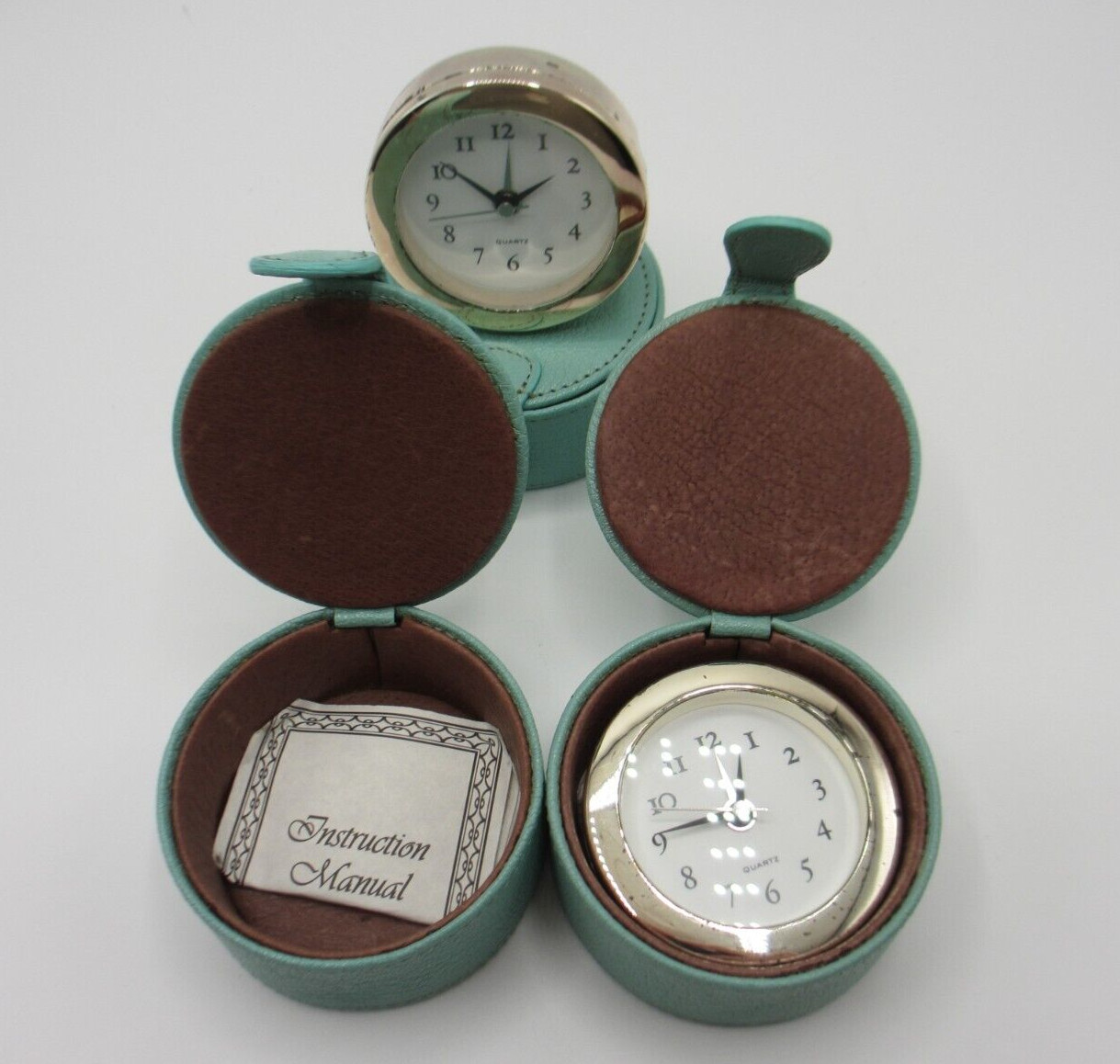 Travel Clock in Leather Case w Suede Interior 3″ Round Robin’s Egg Blue