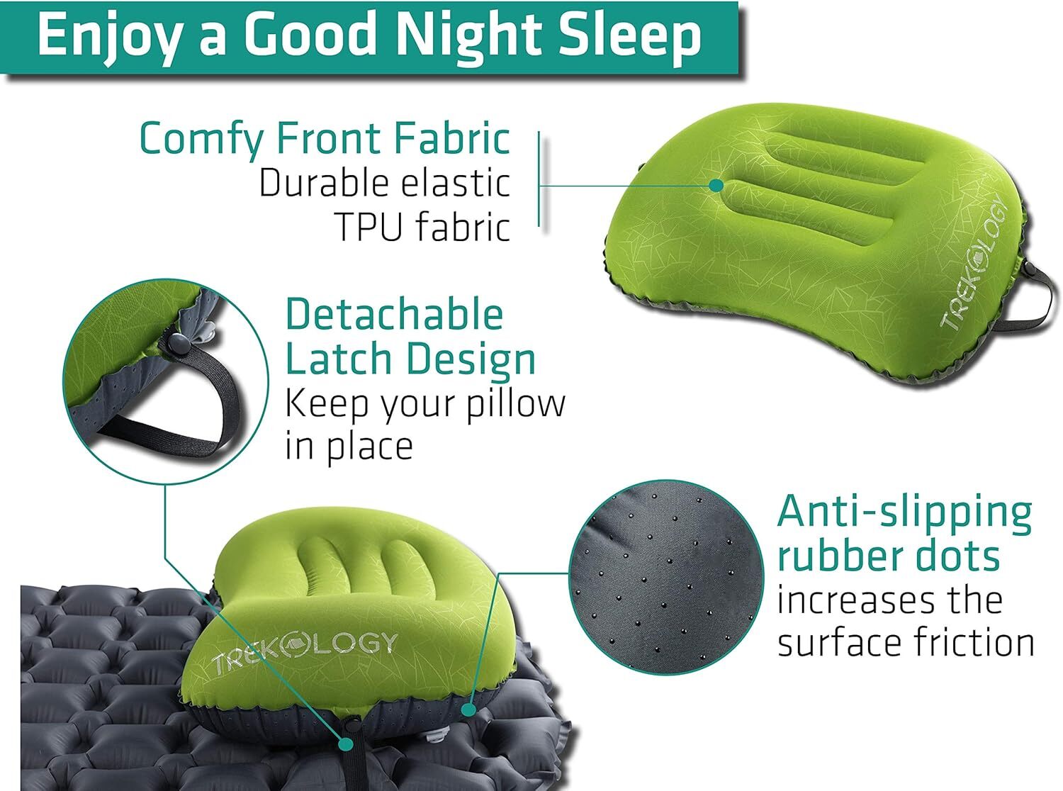 Ultralight Inflatable Camping Travel Pillow – ALUFT 2.0 Compressible, Green