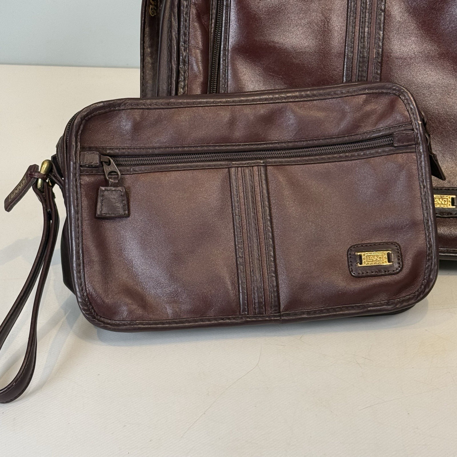 LAND The Leather Collection 3 Piece Travel Set Multiple Compartments Brass