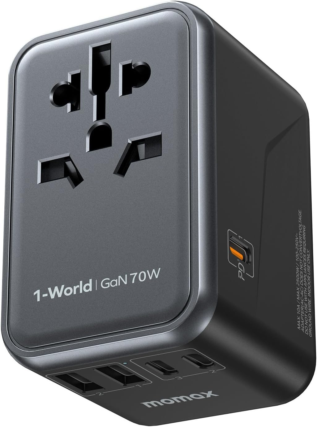 Universal Travel Adapter 70W Gan, 3 USB-C PD & 2 USB-A QC, International Power A