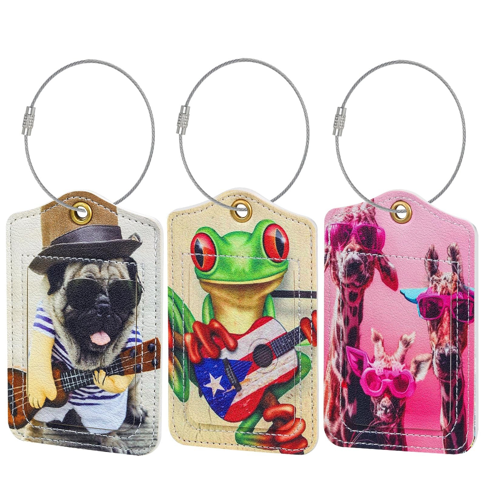 Fishent Luggage Tag (3 Pack) – PU Leather, Rectangular, Cute Animals, Privacy…
