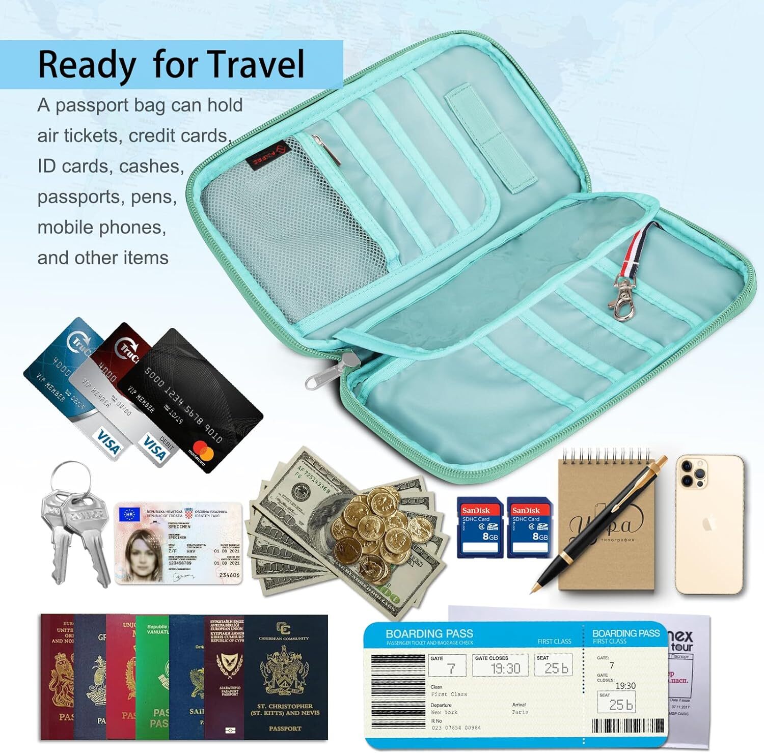Family Passport Holder Wallet RFID Blocking Travel Document Organizer Clutch Bag