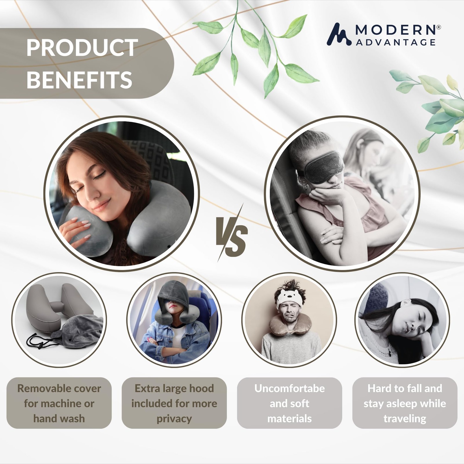 Modern Advantage Inflatable Travel Pillow for Airplanes with Comfort Hood, Ad…