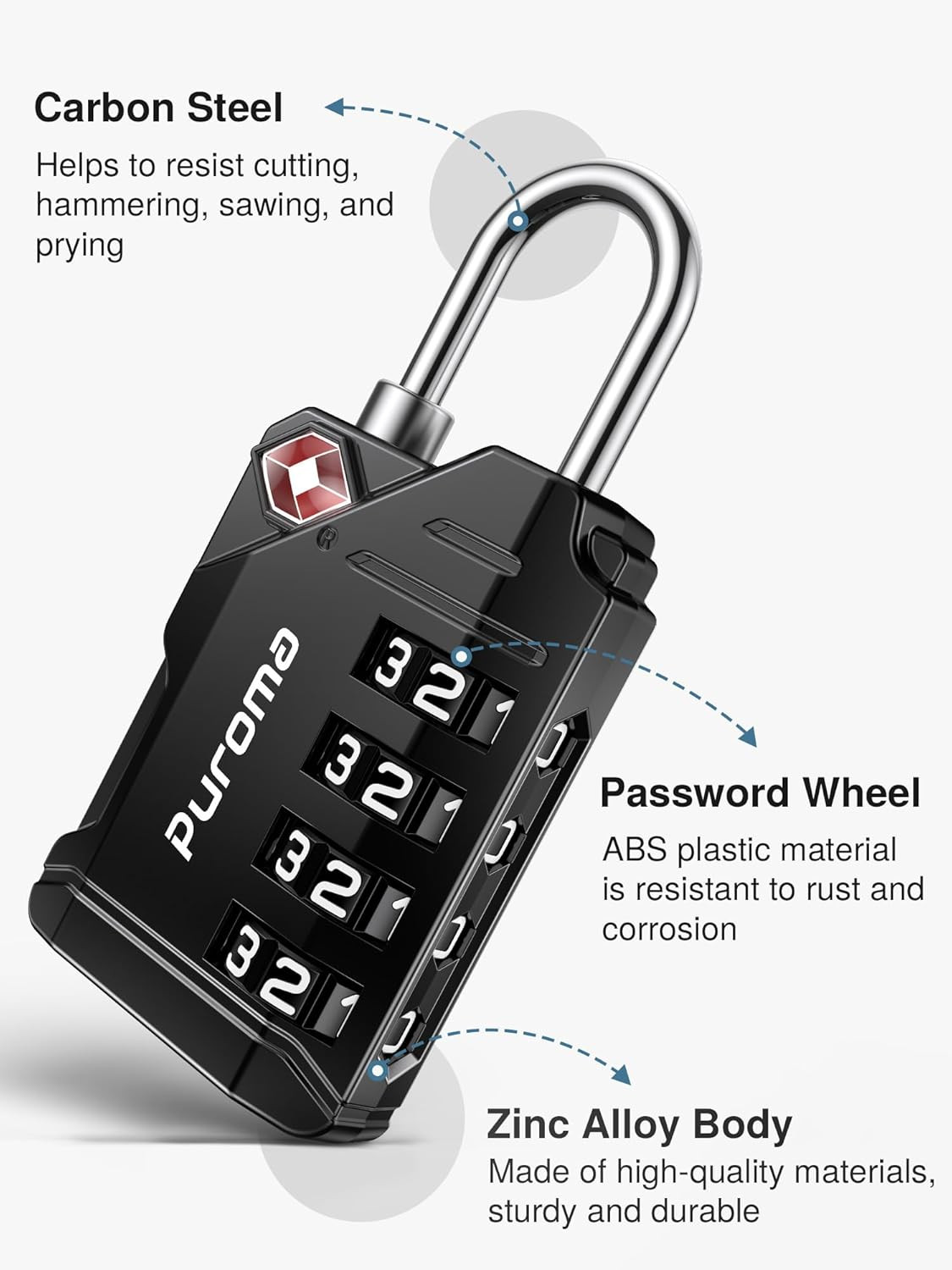 Puroma TSA Approved Travel Luggage Locks, 2 Pack Black 4 Digit Resettable Combin