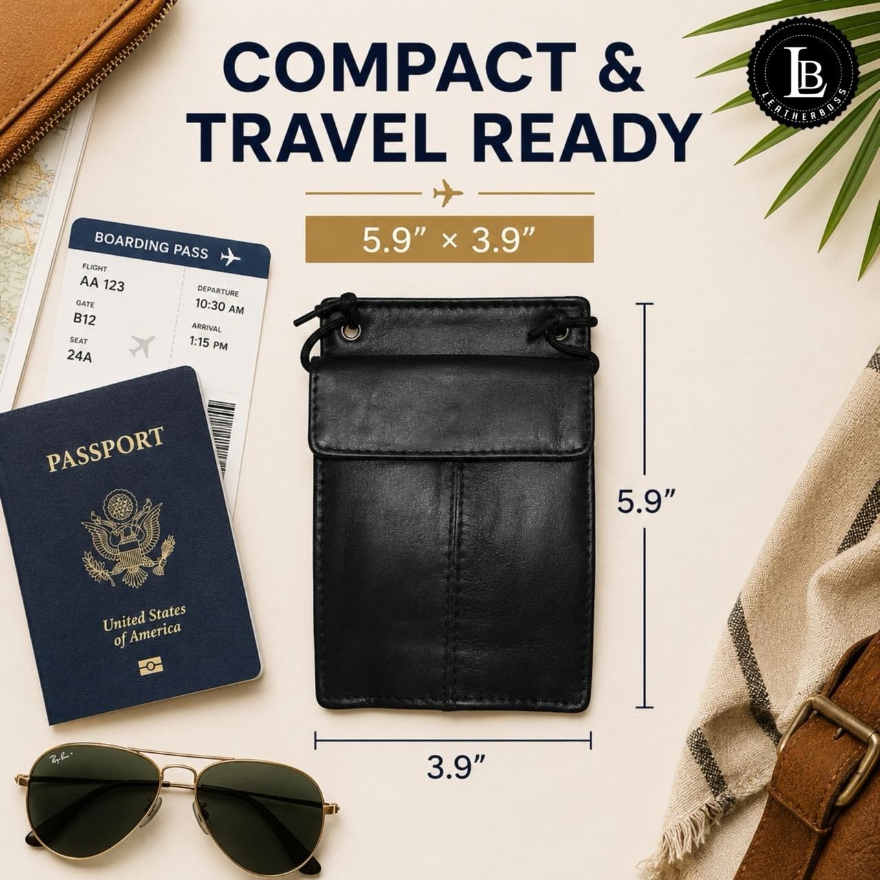 Black Genuine Leather US PASSPORT COVER Neck Organizer Case Travel Wallet Holder