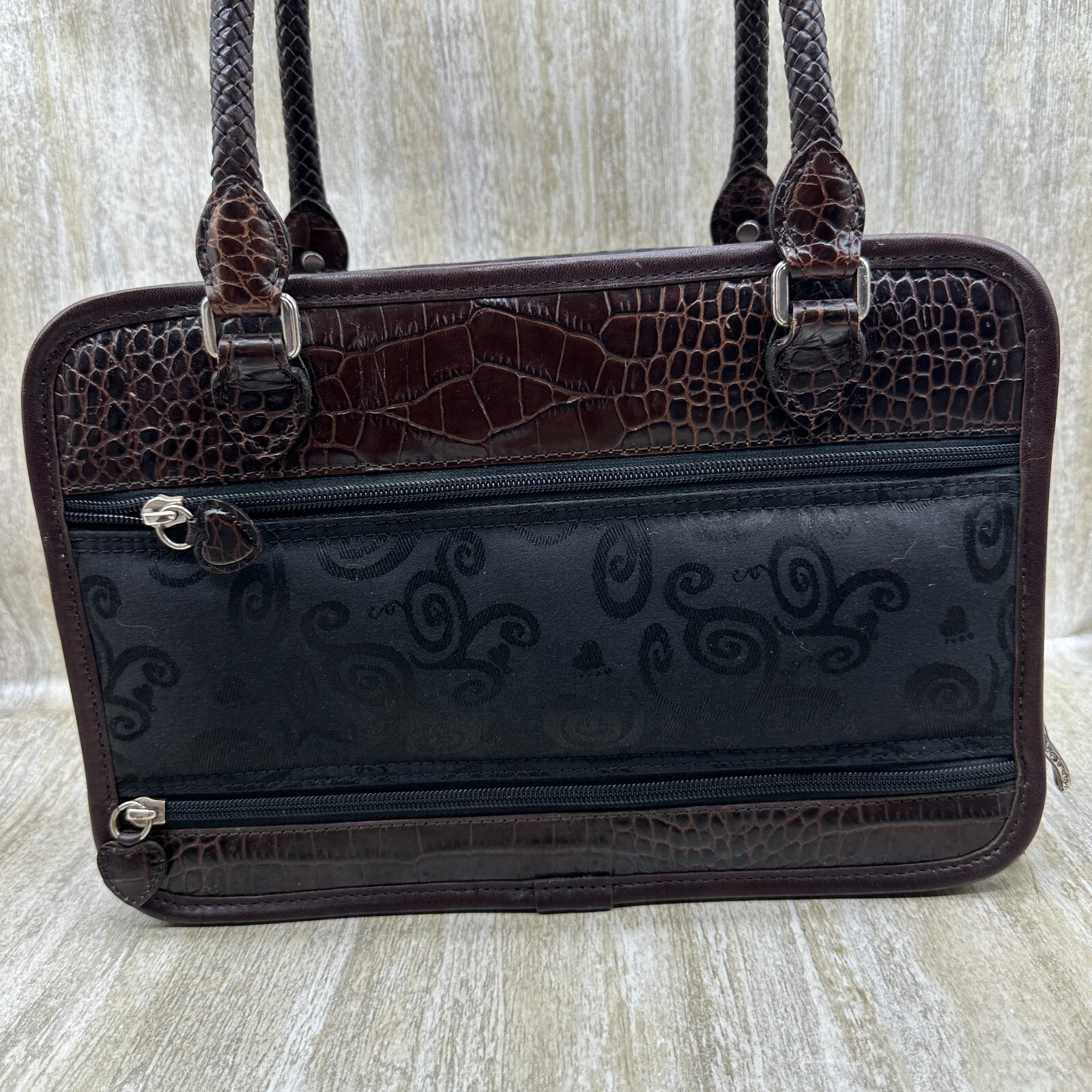 Brighton Make Up Travel Toiletry Leather Brown Croc & Black Bag 12x8x5 READ