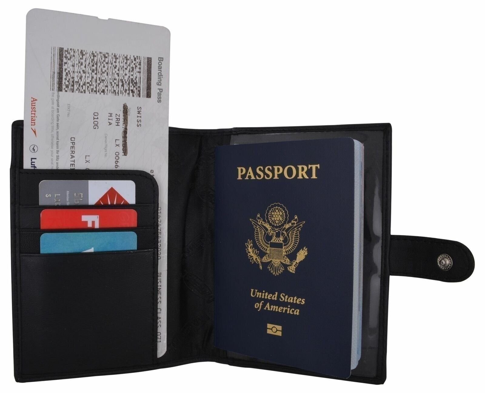 Leather Black Passport Holder Cover Case Wallet USA Embedded Logo Travel U.S Wal