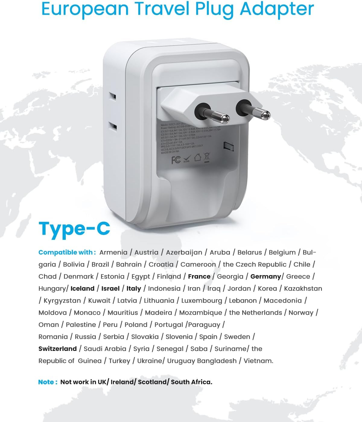 2 Pack European Travel Plug Adapter, PD 35W Foldable Type C Adapter with 4 AC O