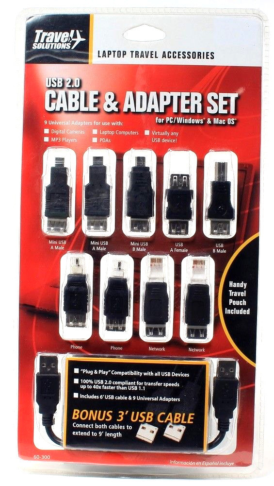 Travel Solutions Laptop Travel Accessories USB 2.0 Cable & Adapter Set of 9