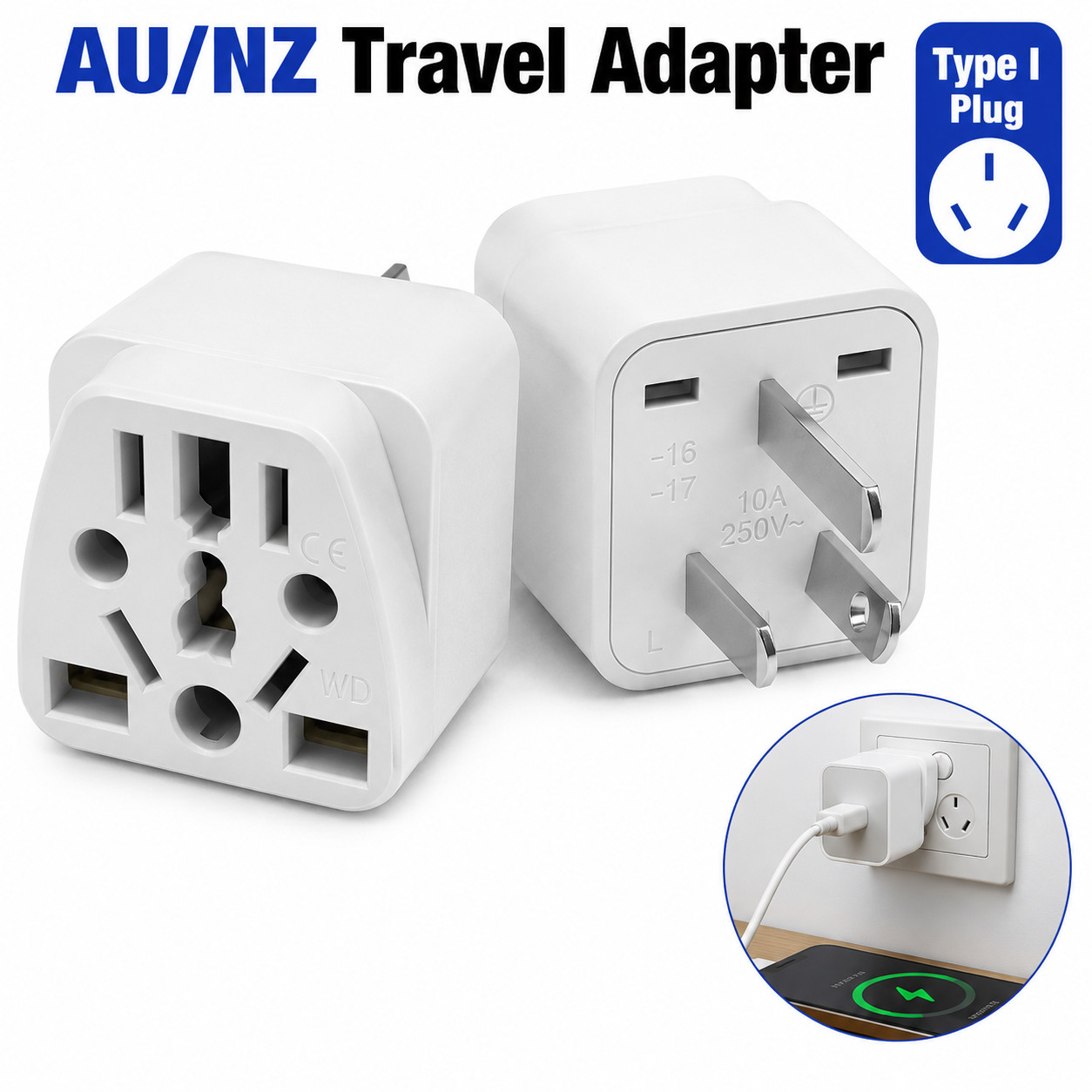 Universal Travel Adapter Type I AU NZ China Plug Converter US EU UK 10A 250V