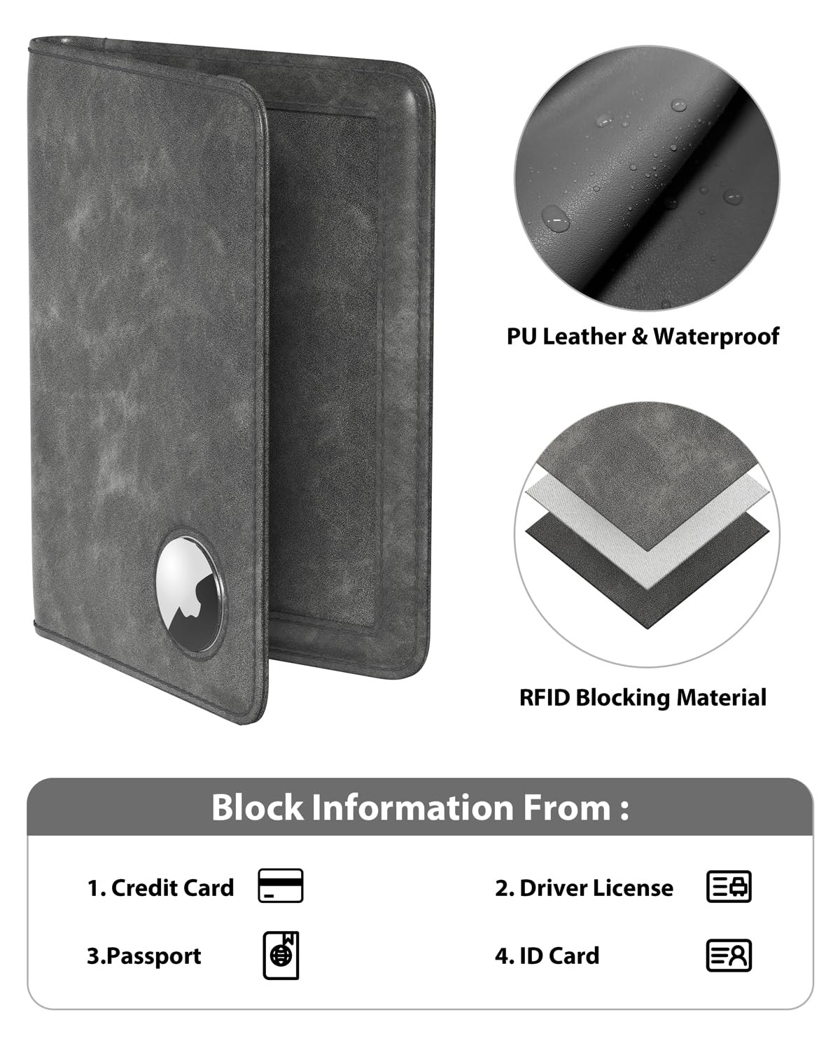 Stouchi AirTag Passport Wallet, Grey, Unisex, Faux Leather, RFID Blocking, Anti-