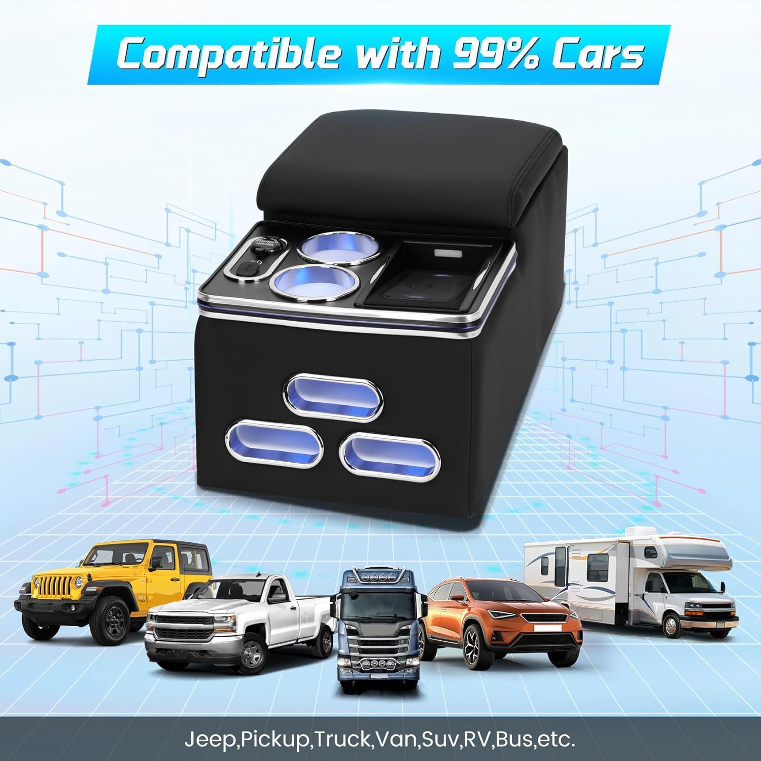Car Universal Center Console Armrest Organizer Wireless Charging Holder Cup 2026