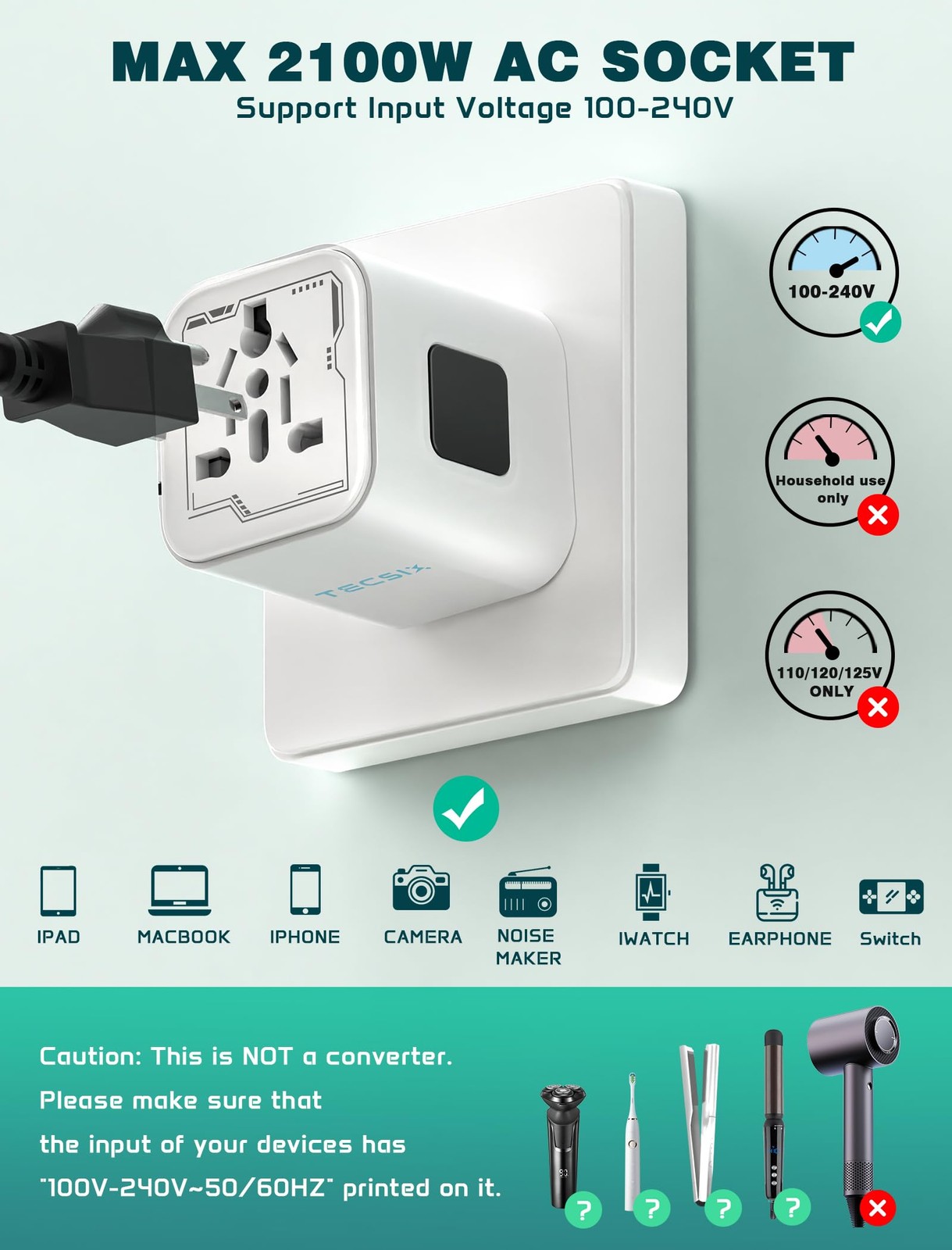 Universal Travel Adapter Worldwide, TECSIX Compact Power small, White