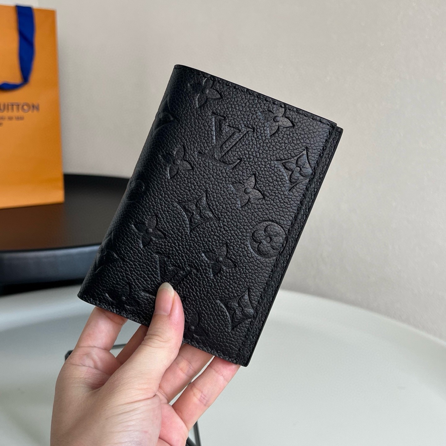 Louis Passport Cover Case Black Embossed Leather Men Women New