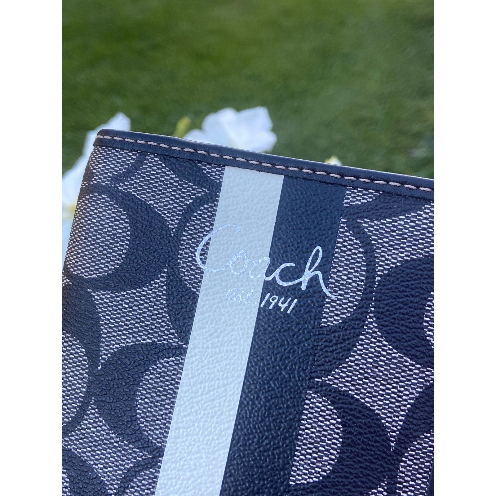 Coach Heritage Stripe Passport Case Wallet Signature Canvas Black Charcoal