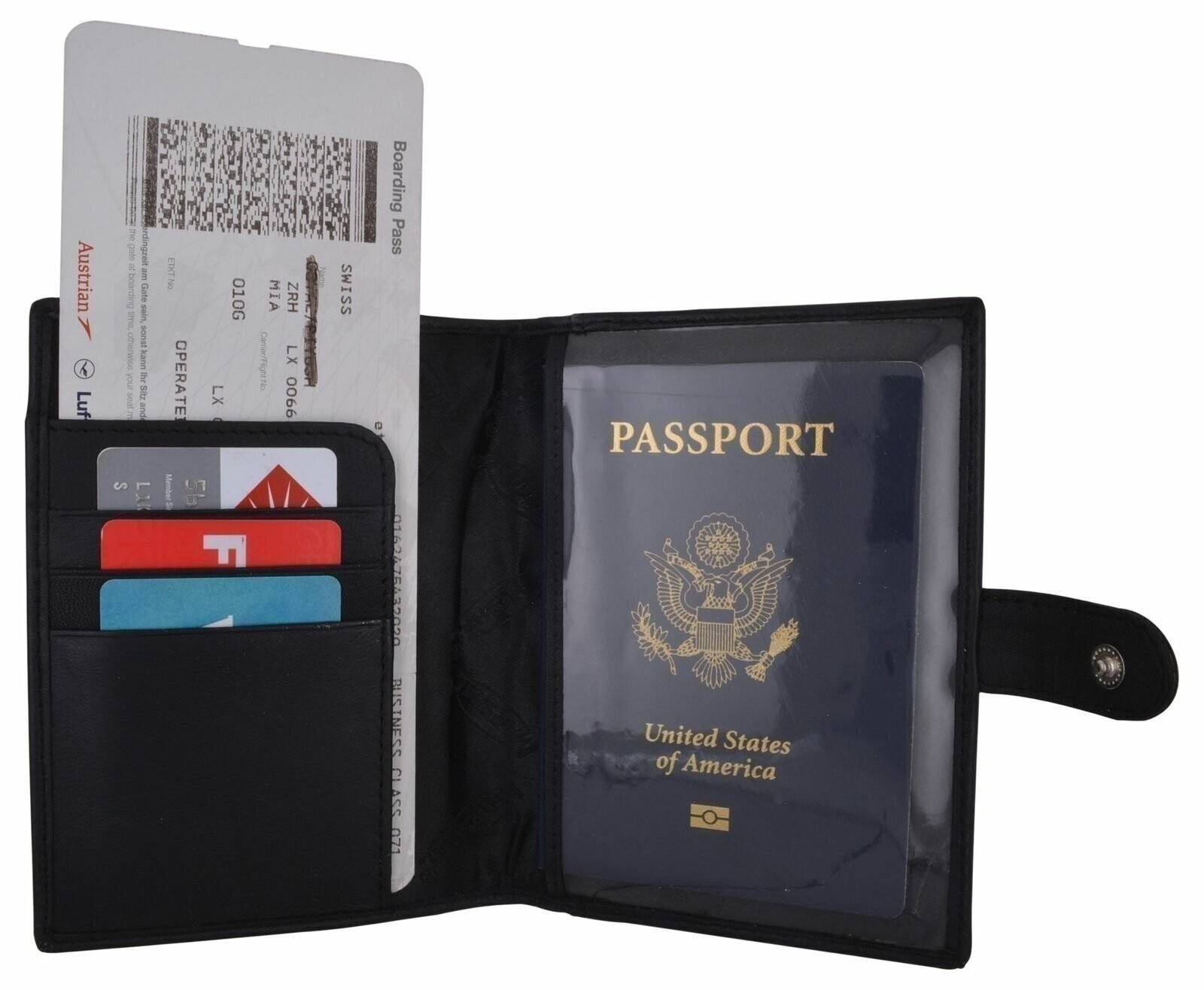 Leather Black Passport Holder Cover Case Wallet USA Embedded Logo Travel U.S Wal